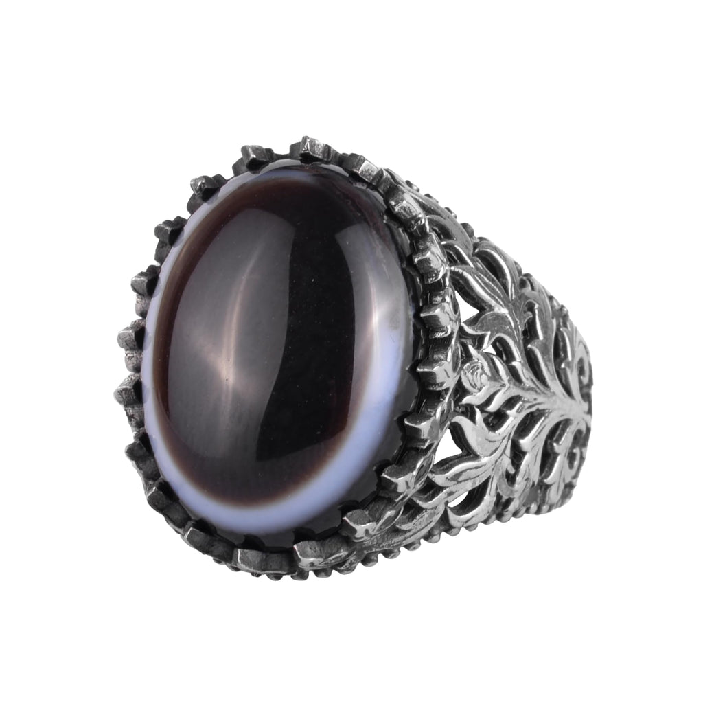KAMBO Natural Yemen Agate Stone Ring – 925 Sterling Silver Decorative Men's Ring – Handmade Vintage Statement Ring (Yemen Agate-6)