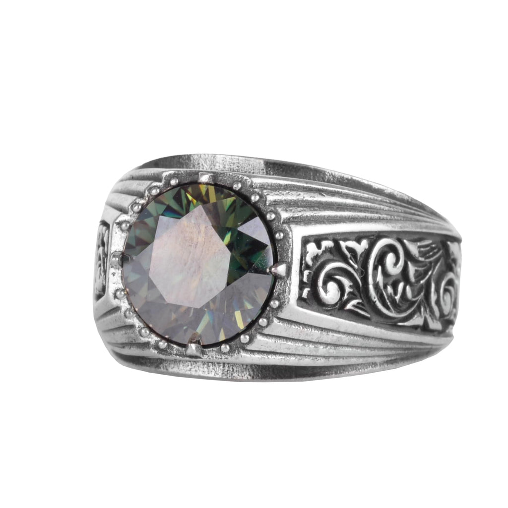KAMBO Moissanite Round Stone Men's Ring 925 Sterling Silver – Faceted Stone Handmade Minimal Vintage Style Ring
