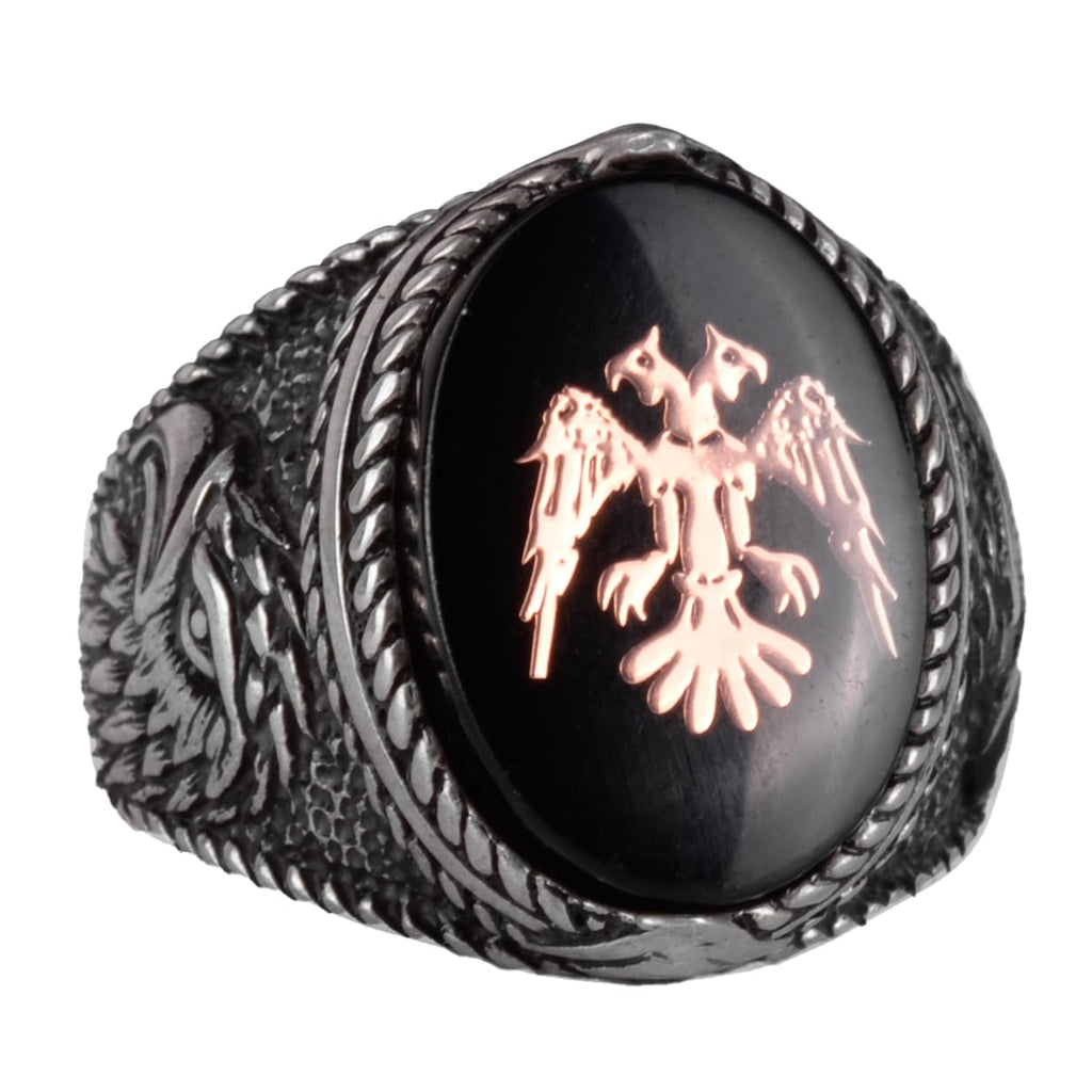 Men's Double-Headed Eagle Ring - Eagle Symbol Jewelry - 925 Sterling Silver Handcrafted Men's Ring (Black)