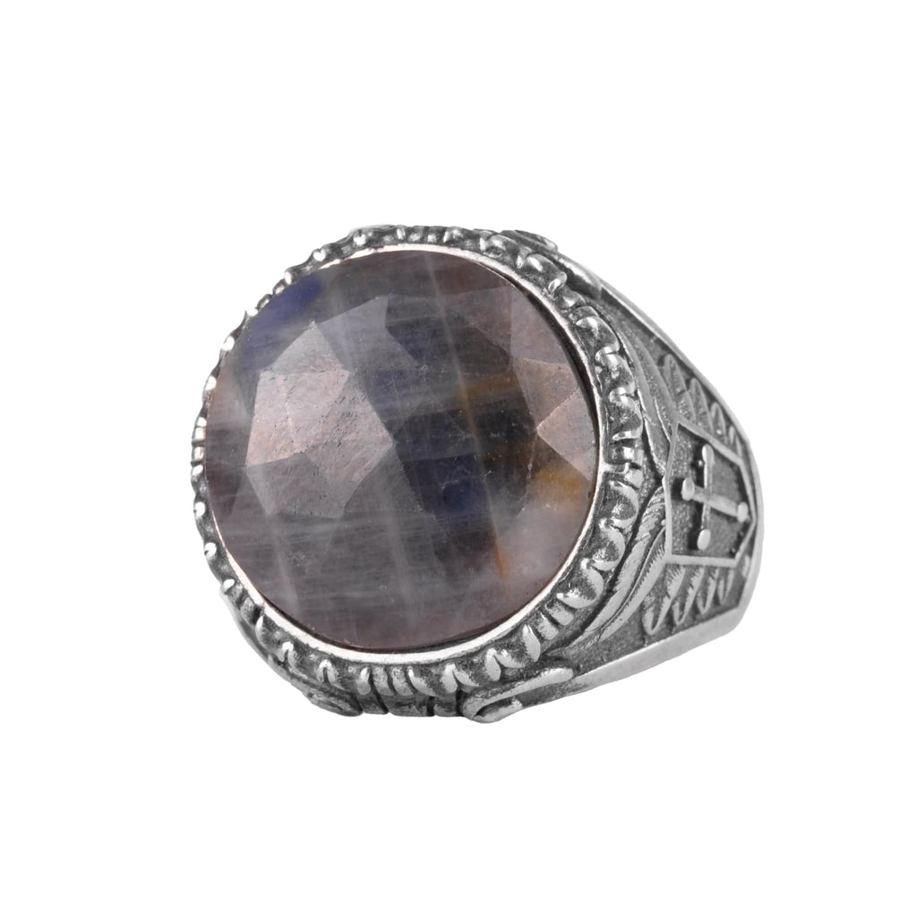 KAMBO Natural Stone Men's Ring – 925 Sterling Silver Cross Symbol Round Ottoman Style Ring (Sapphire)
