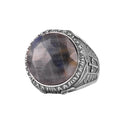 KAMBO Natural Stone Men's Ring – 925 Sterling Silver Cross Symbol Round Ottoman Style Ring (Sapphire)