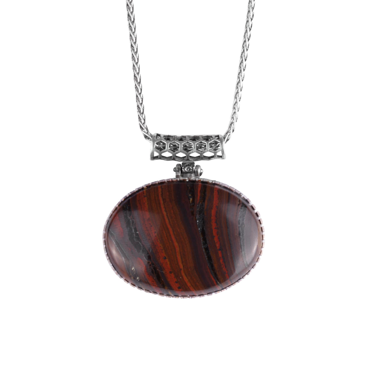KAMBO Natural Stone Horizontal Large Men's Chain Necklace 925 Sterling Silver – Oval Stone Necklace (Bloodstone)