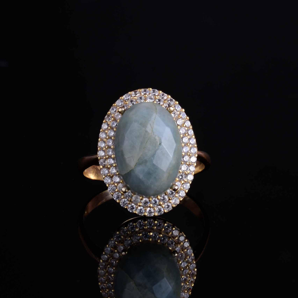 KAMBO 925 Sterling Silver Women's Ring - Oval Natural Stone - Bright Crystal Halo with Gold Plating - Elegant Handmade Jewelry (Aquamarine) — 4