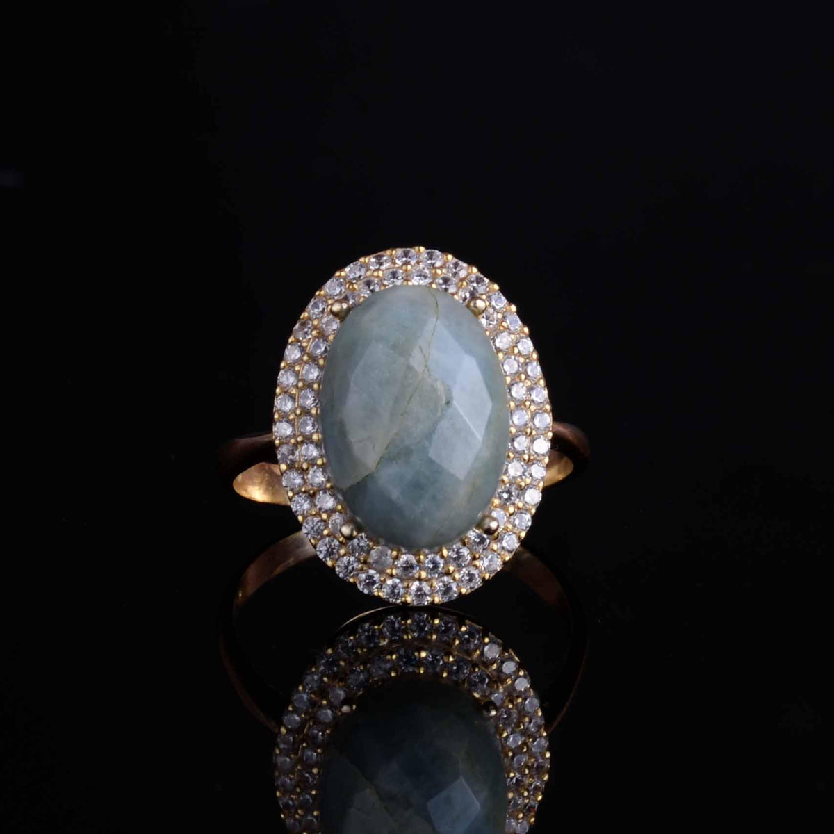 KAMBO 925 Sterling Silver Women's Ring - Oval Natural Stone - Bright Crystal Halo with Gold Plating - Elegant Handmade Jewelry (Aquamarine) — 4