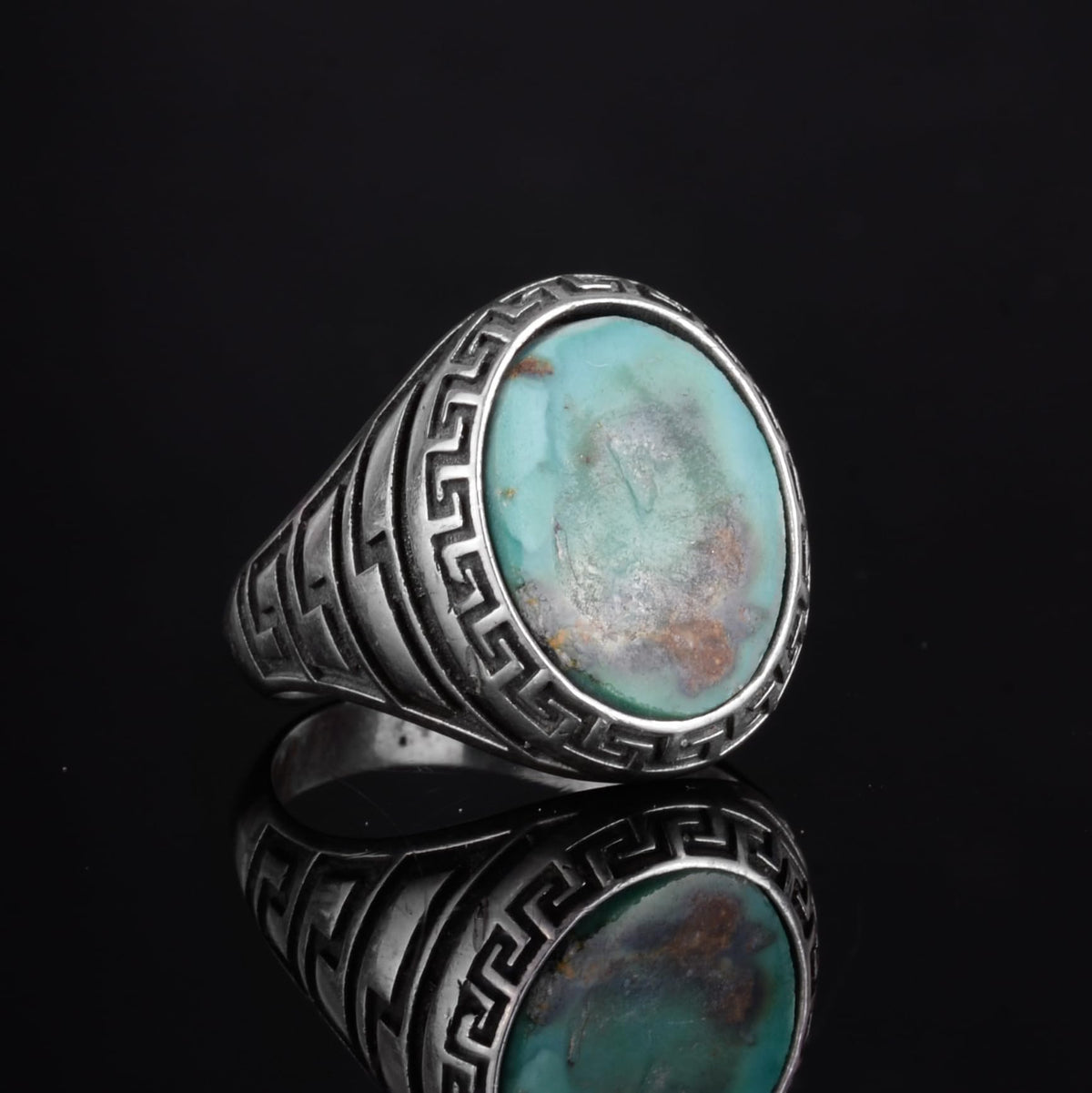 KAMBO Men's Natural Turquoise Stone Ring – Labyrinth Side Design 925 Sterling Silver Ring – Handmade Minimalist Description Jewelry (Style-12) — 6