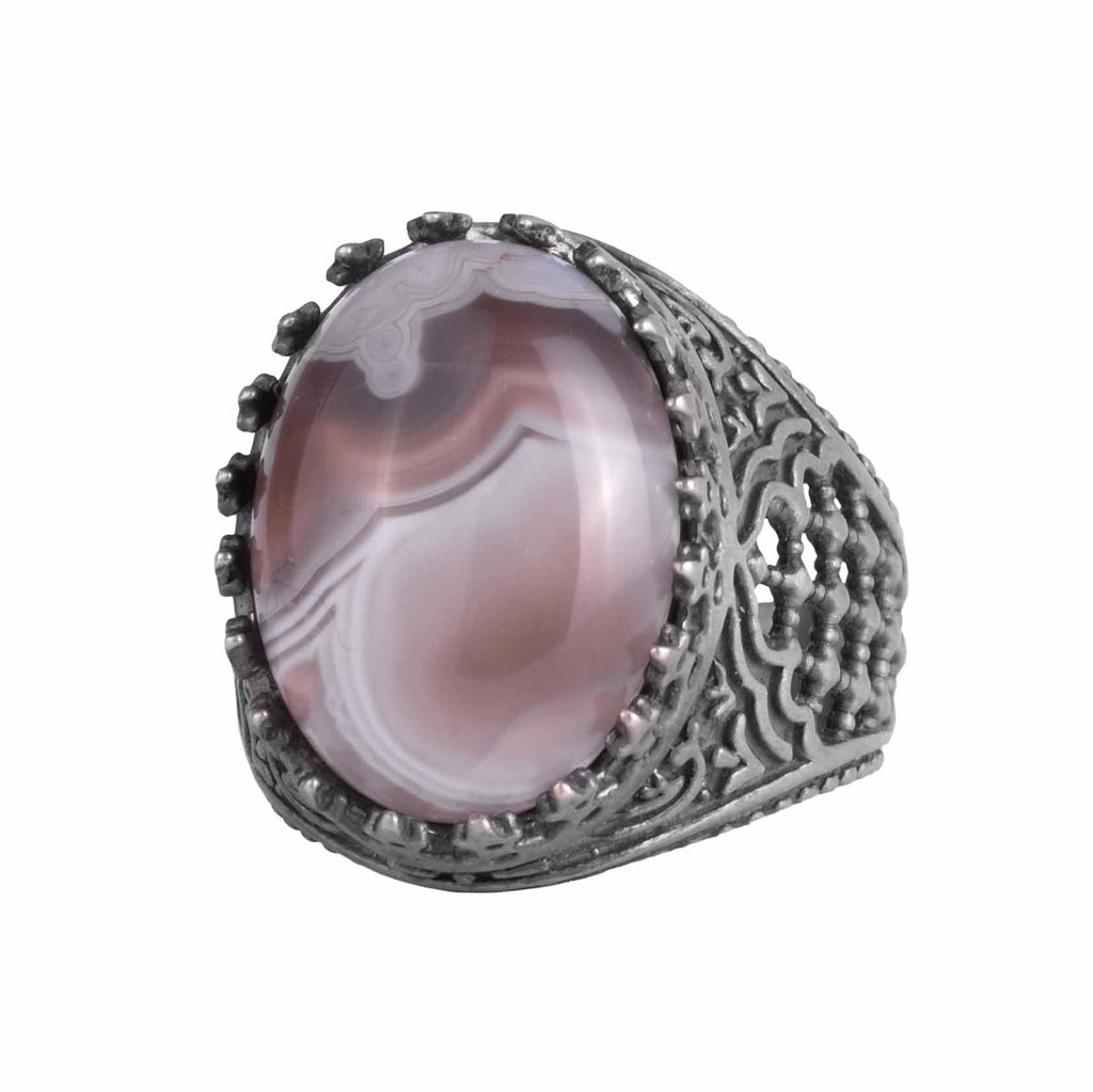 KAMBO Men's Natural Agate Stone Ring – 925 Sterling Silver Handmade Oval Islamic Design – Unique Vintage Men's Jewelry (Style-4)