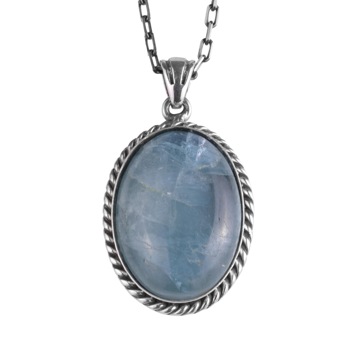 KAMBO Natural Stone Chain Unisex Necklace 925 Sterling Silver – Handmade Oval Description Necklace (Aquamarine)