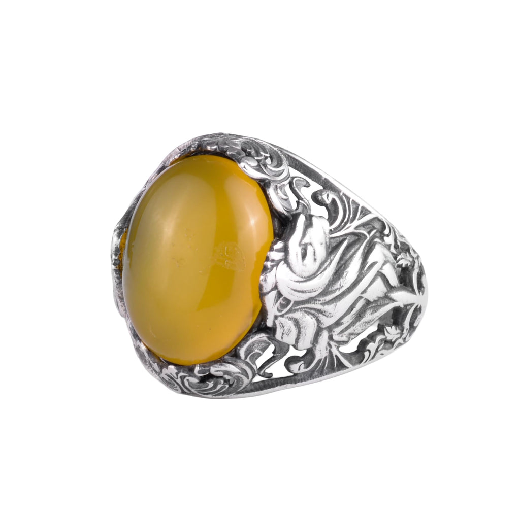 KAMBO Natural Yellow Agate Gemstone Men Ring 925 Sterling Silver - Big Floral Engraved Statement - Handmade Vintage Desi