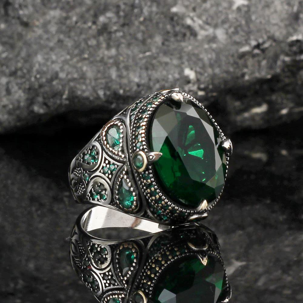 Handmade 925 Sterling Silver Men's Ring, Green Zircon Stone, Stylish Band Design, Elegant Men's Jewelry — 2