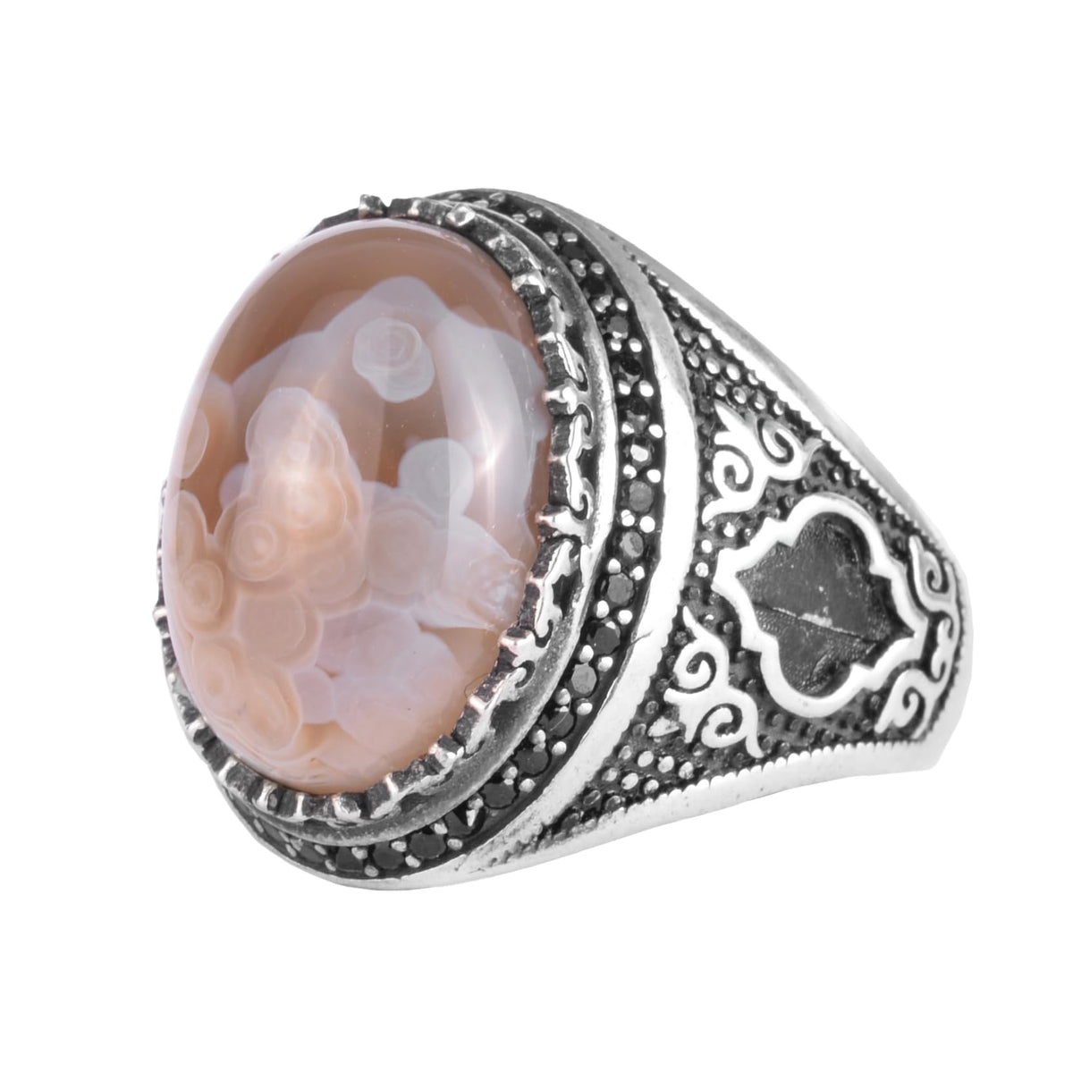 KAMBO Natural Agate Stone Men's Ring – Band Stone – 925 Sterling Silver Handmade Statement Ring – Vintage Ottoman Style Men's Jewelry (Agate-1)