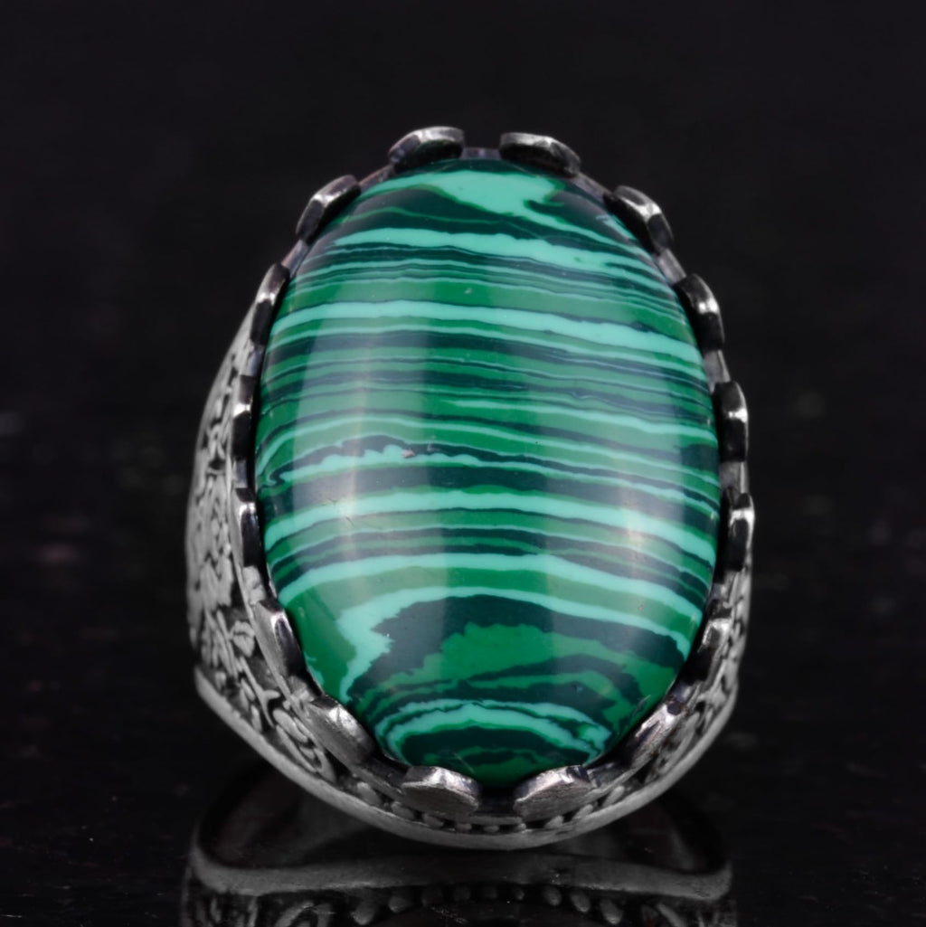 Natural Malachite Stone Ring - Rose Pattern Ring - 925 Sterling Silver Ring - Handmade Large Ring — 4
