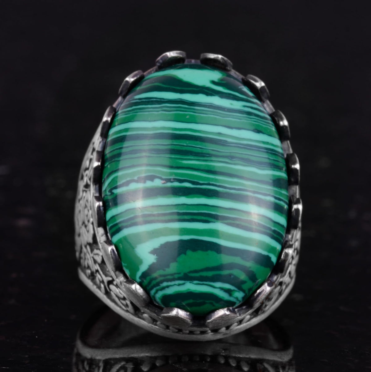 Natural Malachite Stone Ring - Rose Pattern Ring - 925 Sterling Silver Ring - Handmade Large Ring — 4