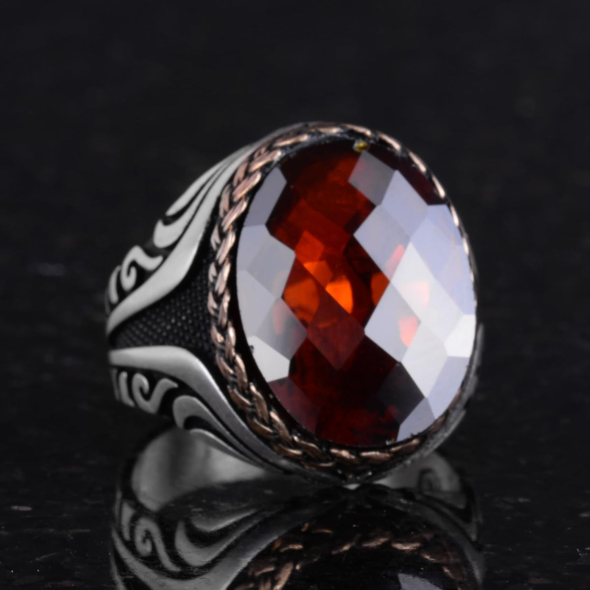 Kambo 925 Sterling Silver Men's Ring - Unique Handcrafted Ring with Synthetic Garnet Stone — 5
