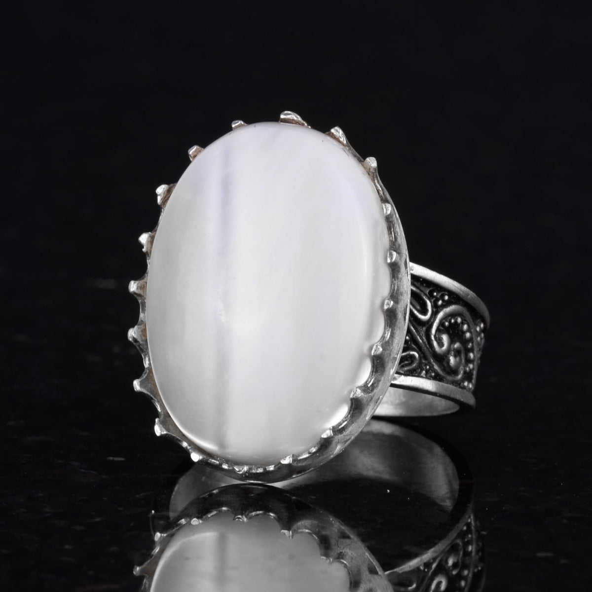 Natural Oyster Shell Stone Ring - 925 Sterling Silver Handmade Ring — 6