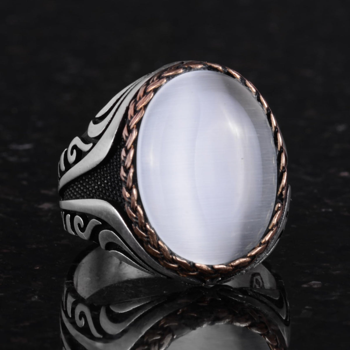 925 Sterling Silver Ring - Silver Ring with Synthetic Stone - Handmade Ring (White Cat's Eye) — 5