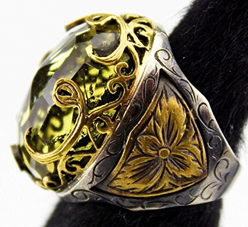 KAMBO Handmade 925 Sterling Silver Unisex Ring with Citrine Stone, Ottoman Emperor VAV Pattern, Vintage Anatolya Design,