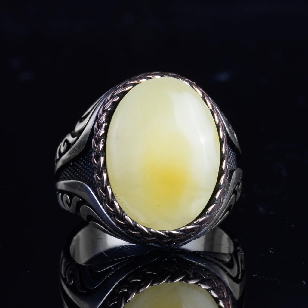 KAMBO Men's Natural Baltic Amber Stone Ring – 925 Sterling Silver Handmade Statement Ring – Authentic Amber Jewelry with Ottoman Style Details (Style-15) — 6