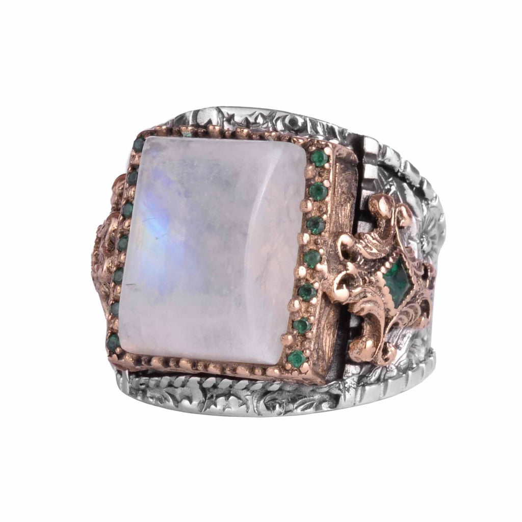 KAMBO Natural Moonstone 925 Sterling Silver Men's Ring – Handmade Ottoman Style Statement Ring – Vintage Turkish Jewelry