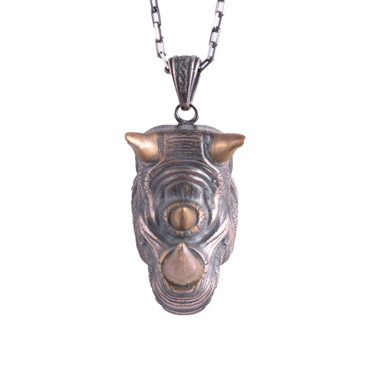 KAMBO 925 Sterling Silver Rhinoceros Head Necklace – Handmade Animal Totem Jewelry for Men (Gold Plated)