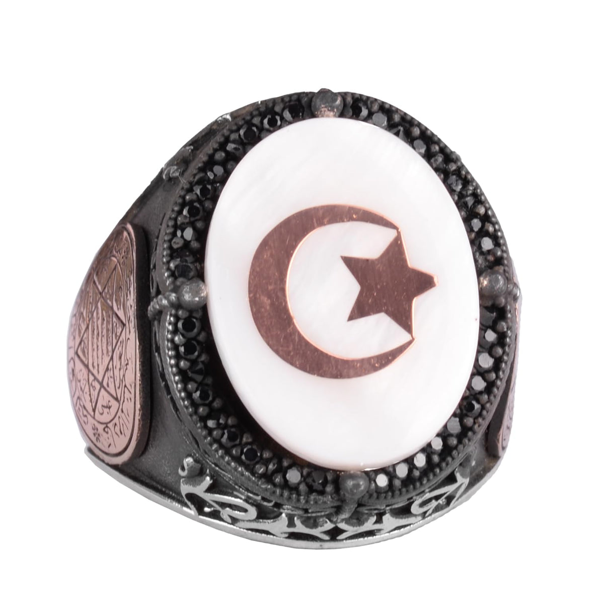 Handcrafted Patterned Ring - 925 Sterling Silver Men's Ring - Star and Crescent