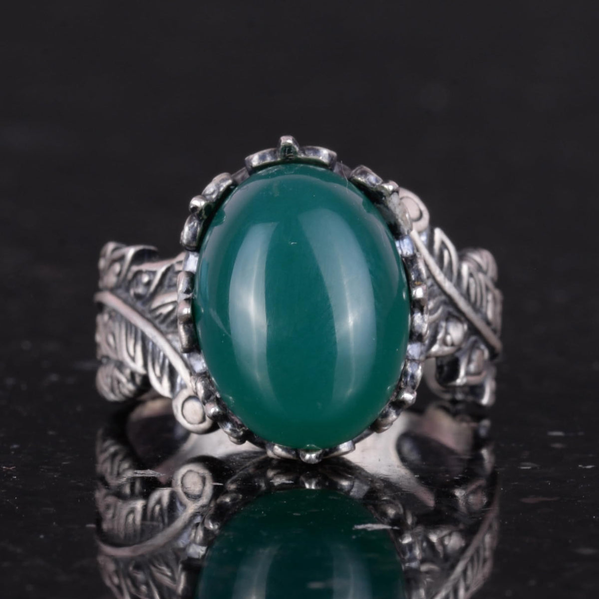 Vintage Bohemian Design Silver Women's Ring with Natural Jade Stone — 4
