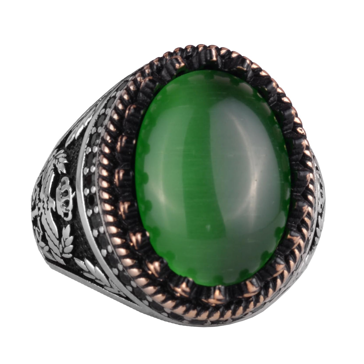 KAMBO 925 Sterling Silver Men's Ring, Created Stone Ring, Eagle Symbol Ring, Handmade Ring (Created Green Cat's Eye)