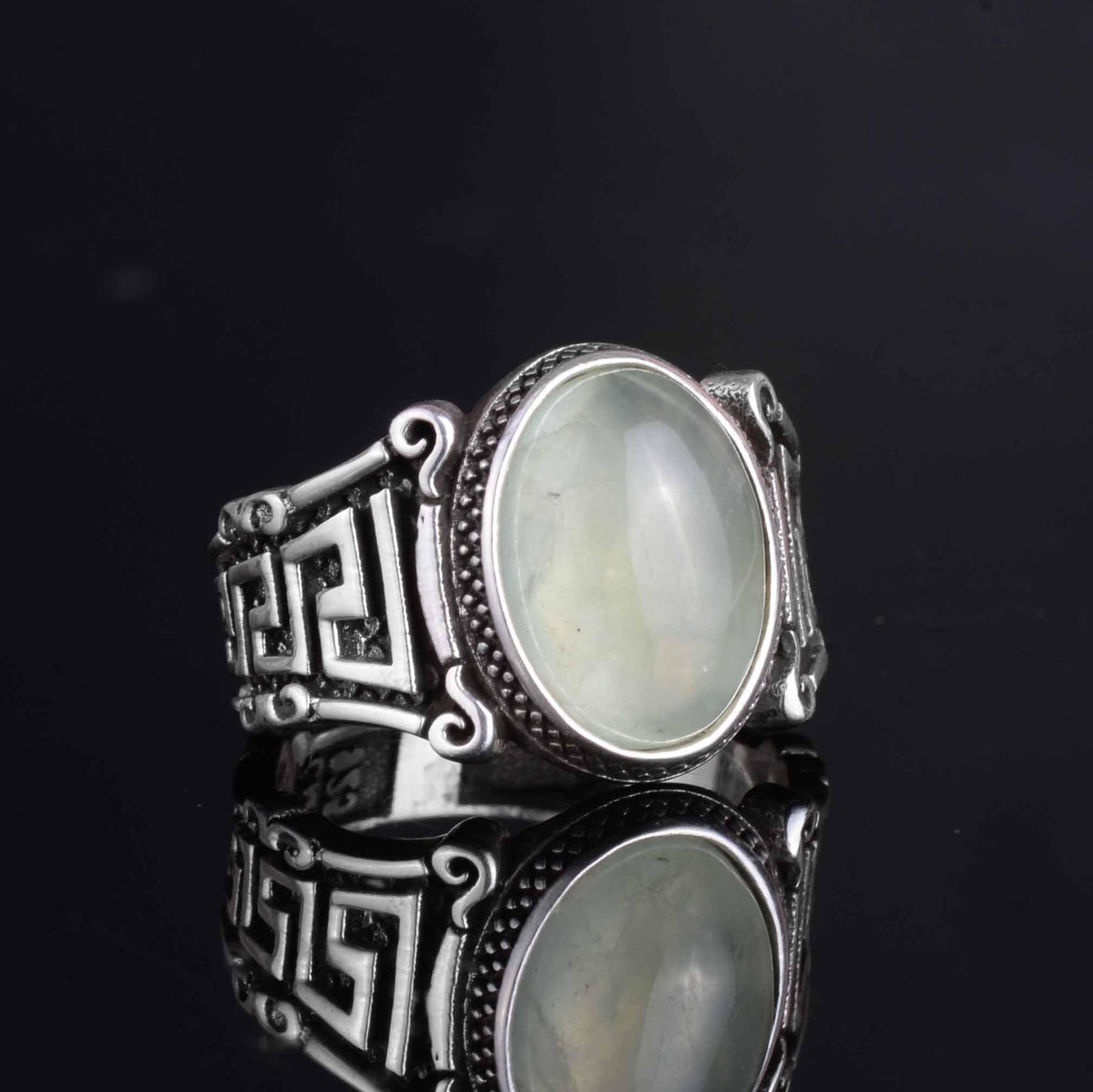 KAMBO 925 Sterling Silver Natural Stone Men's Ring – Labyrinth Pattern Handmade Vintage Statement Ring (Prehnite) — 6