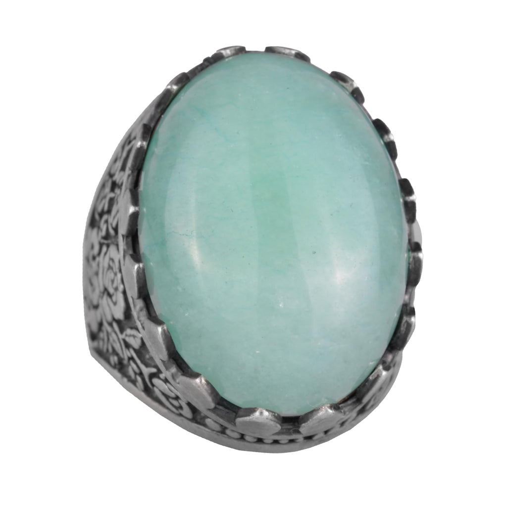 Natural Stone Ring - Rose Pattern Ring - 925 Sterling Silver - Handmade Large Ring