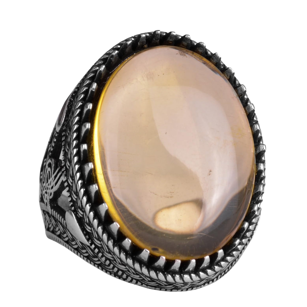 KAMBO Ottoman Tugra Design Natural Amber Stone Ring - 925 Sterling Silver Handmade Men's Ring