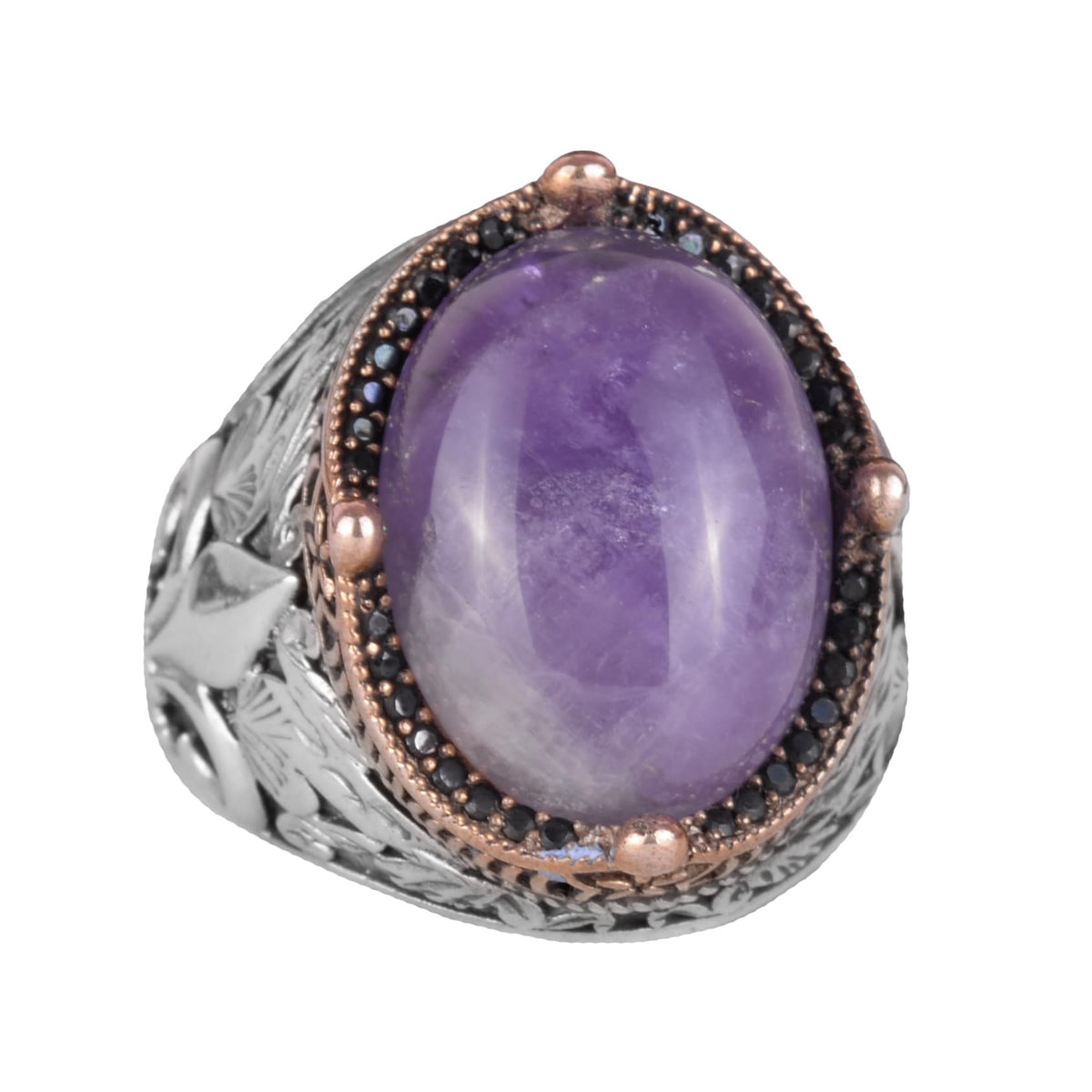 925 Sterling Silver Handmade Men's Ring - Available with Different Natural Stones (Amethyst)