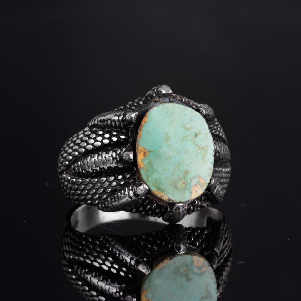 KAMBO 925 Sterling Silver Claw Detailed Natural Turquoise Stone Ring – Handmade Men's Legendary Warrior Jewelry (Style-12) — 6