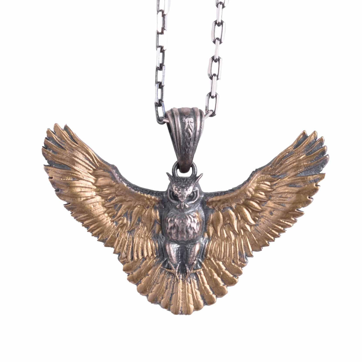 KAMBO 925 Sterling Silver Flying Owl Chain Necklace - Symbol of Wisdom, Intuition, and Freedom - Handmade Gothic Bird Necklace for Men (Gold Plated)