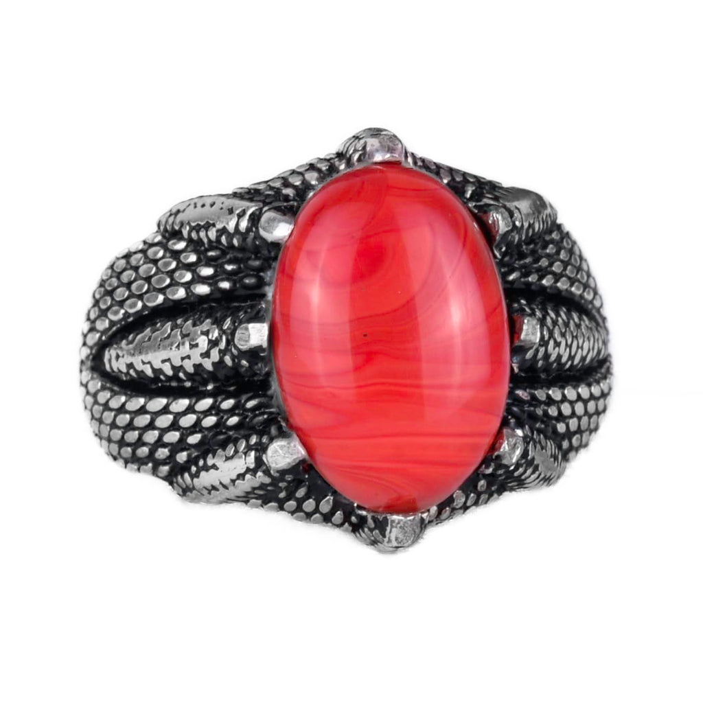 Silver Claw Ring with Natural Red Coral Stone