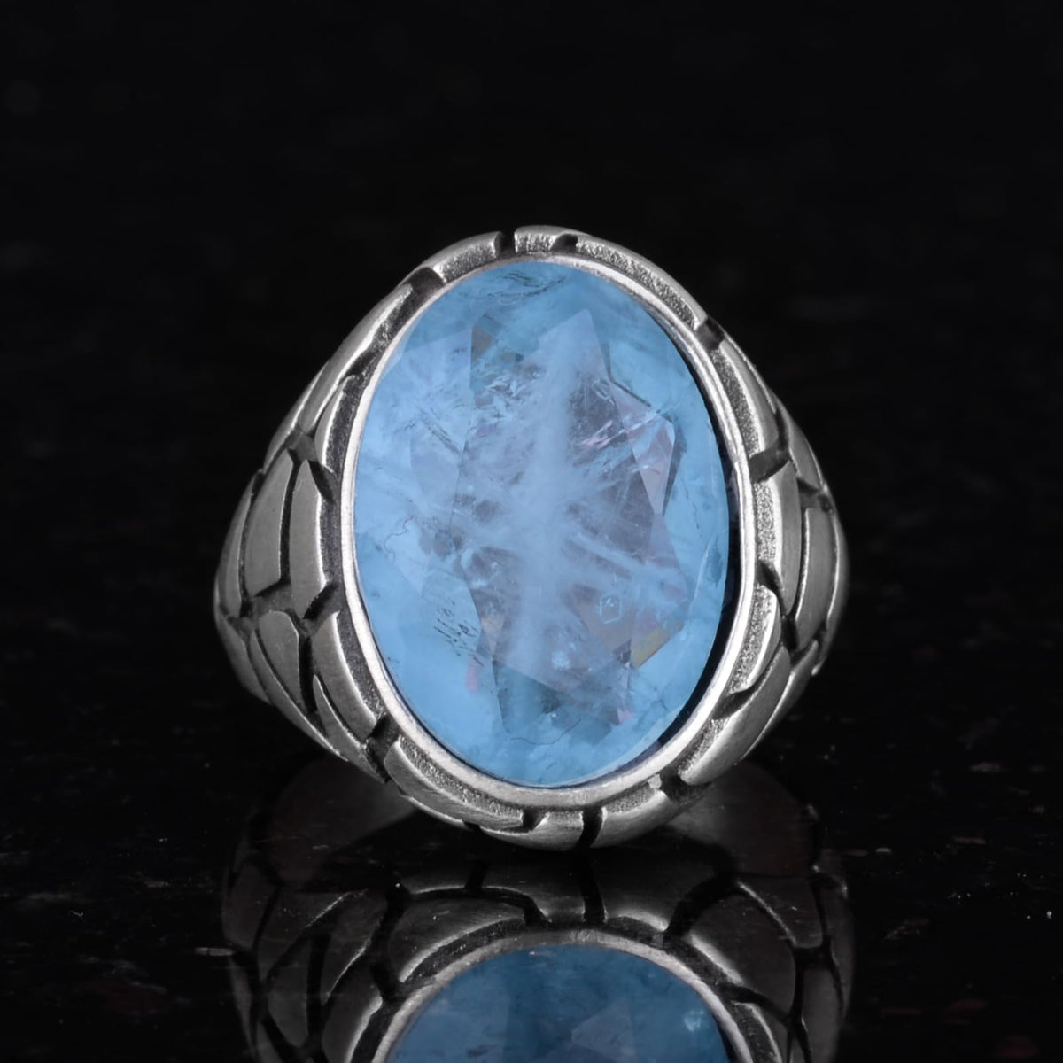 Kambo Men's Luxury 925 Sterling Silver Synthetic Stone Ring – Unique Collection (Synthetic Blue Paraiba Stone) — 2