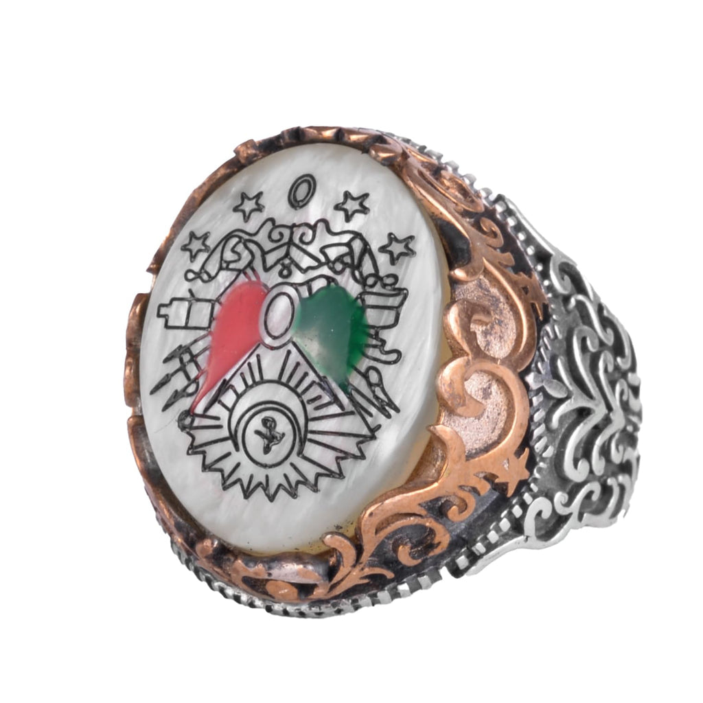 KAMBO Natural Pearl Stone Ottoman Empire Emblem Ring Men's 925 Sterling Silver Bronze Detailed Handmade Statement Ring