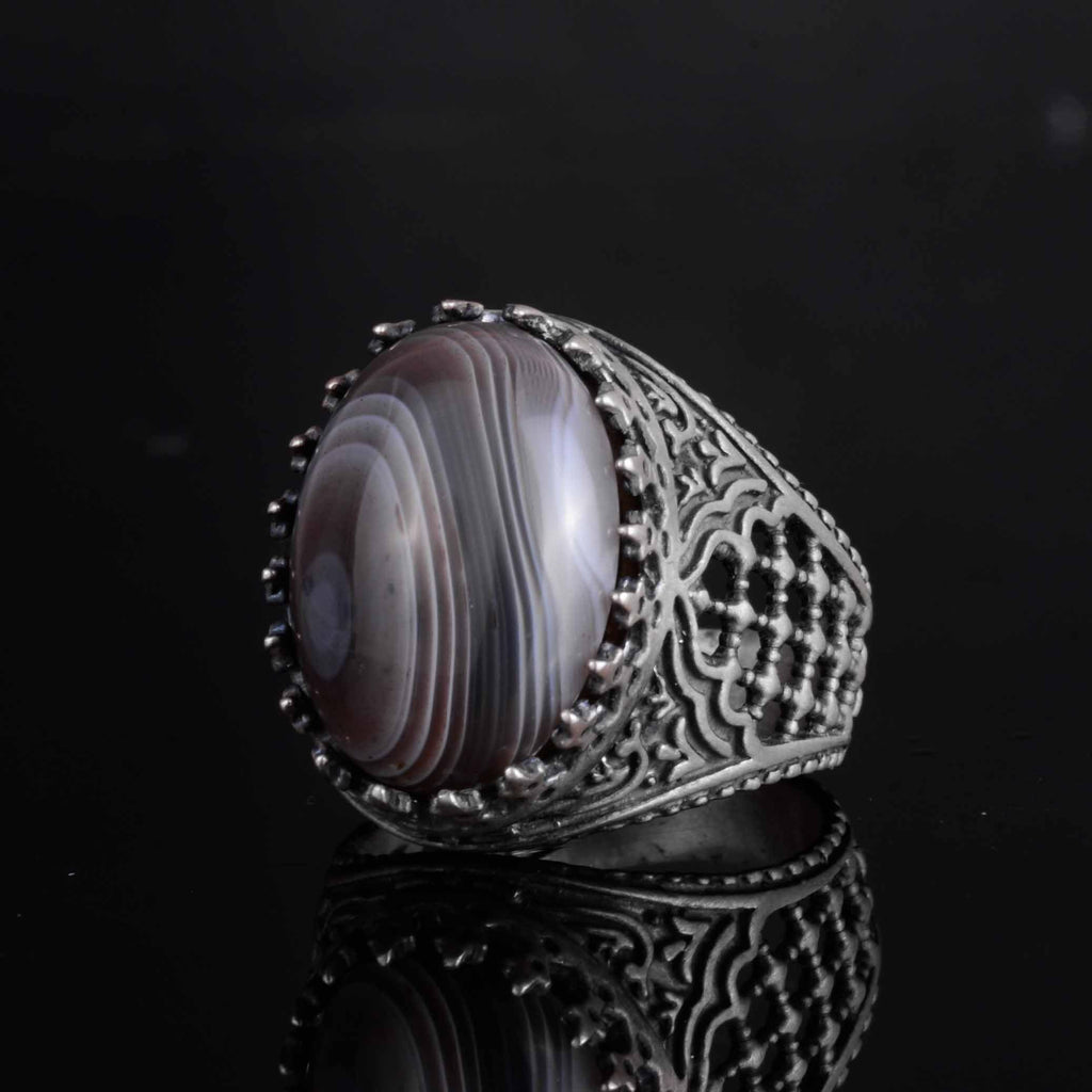 KAMBO Men's Natural Agate Stone Ring – 925 Sterling Silver Handmade Oval Islamic Design – Unique Vintage Men's Jewelry (Style-3) — 6