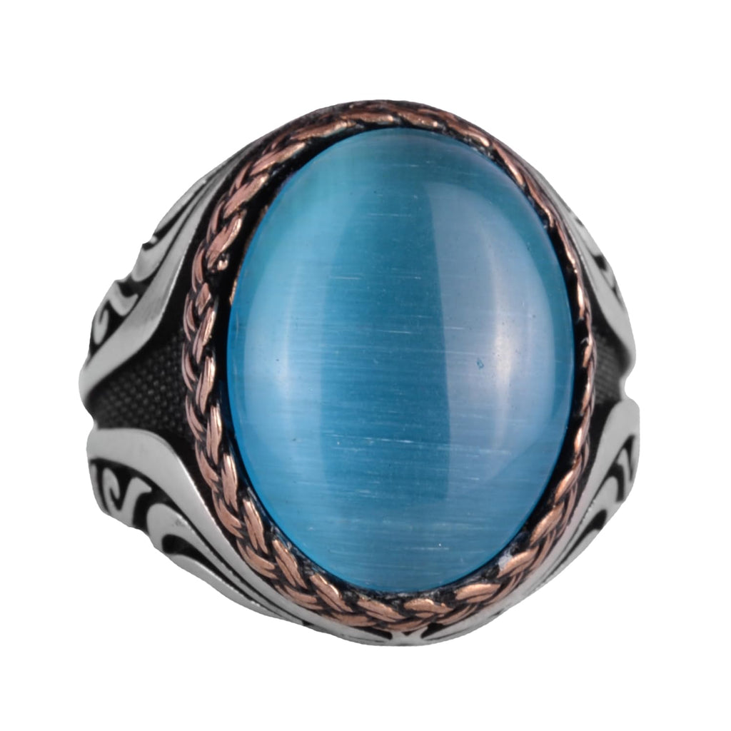 925 Sterling Silver Ring - Synthetic Stone Silver Ring - Handmade Ring (Light Blue Cat Eye)