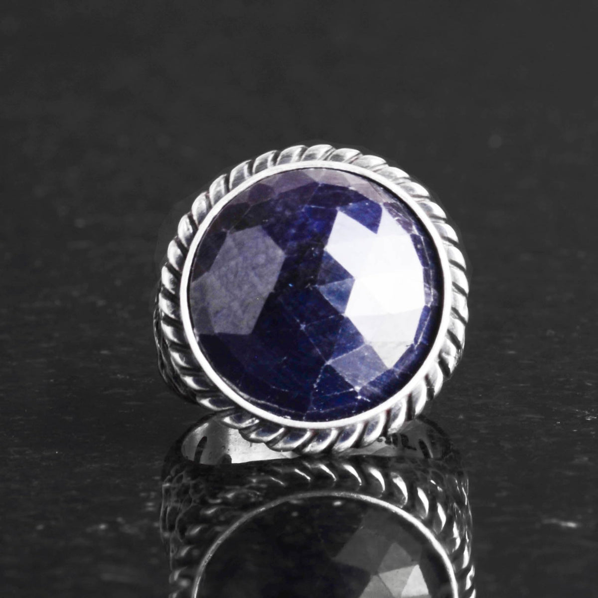 Natural Stone Ring - 925 Sterling Silver Men's Ring with Blue Sapphire — 3
