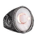 Men's Crescent and Star Eagle Ring - 925 Sterling Silver, Natural Mother of Pearl Stone - Turkish Crescent Design