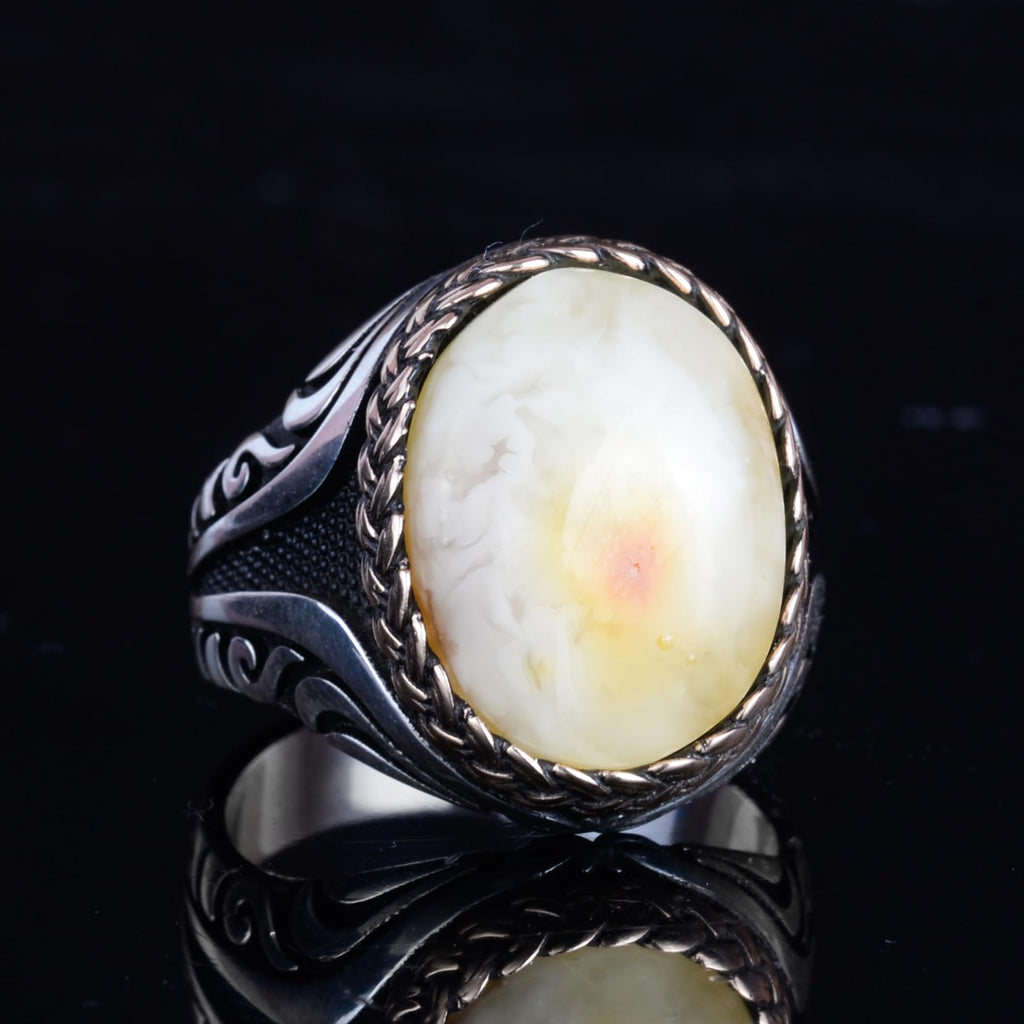 KAMBO Men's Natural Baltic Amber Stone Ring – 925 Sterling Silver Handmade Statement Ring – Authentic Amber Jewelry with Ottoman Style Details (Style-5) — 5