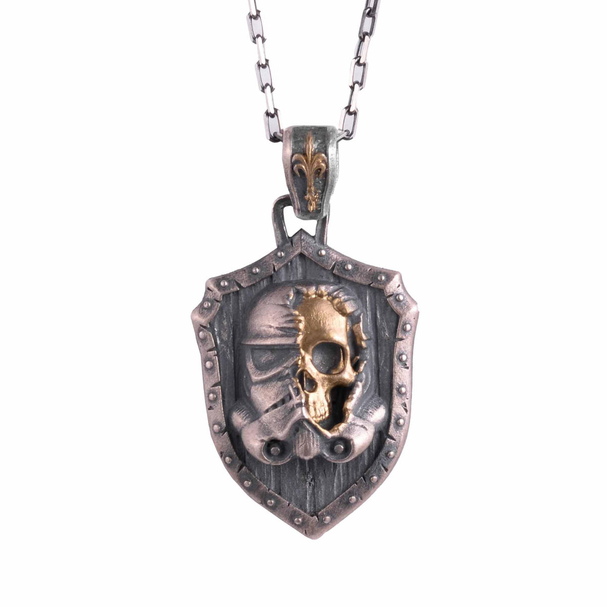 KAMBO 925 Sterling Silver Post-Apocalyptic Skull Necklace - Chain Gas Mask Warrior Shield Pendant - Handmade Gothic Men's Jewelry (Gold Plated)