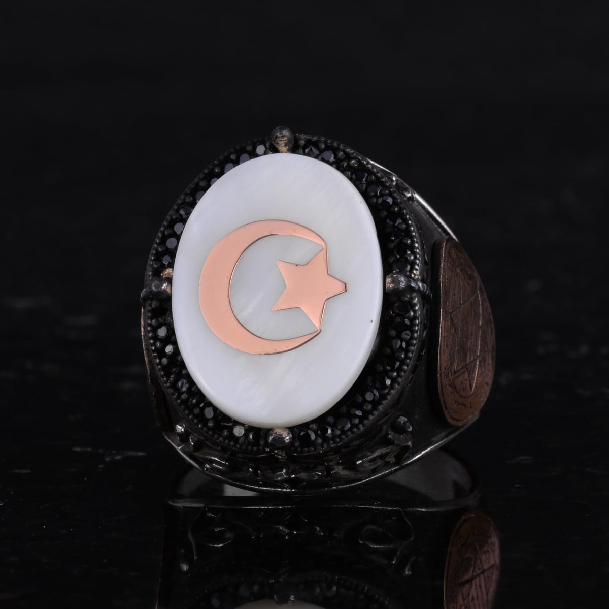 Handcrafted Patterned Ring - 925 Sterling Silver Men's Ring - Star and Crescent — 6