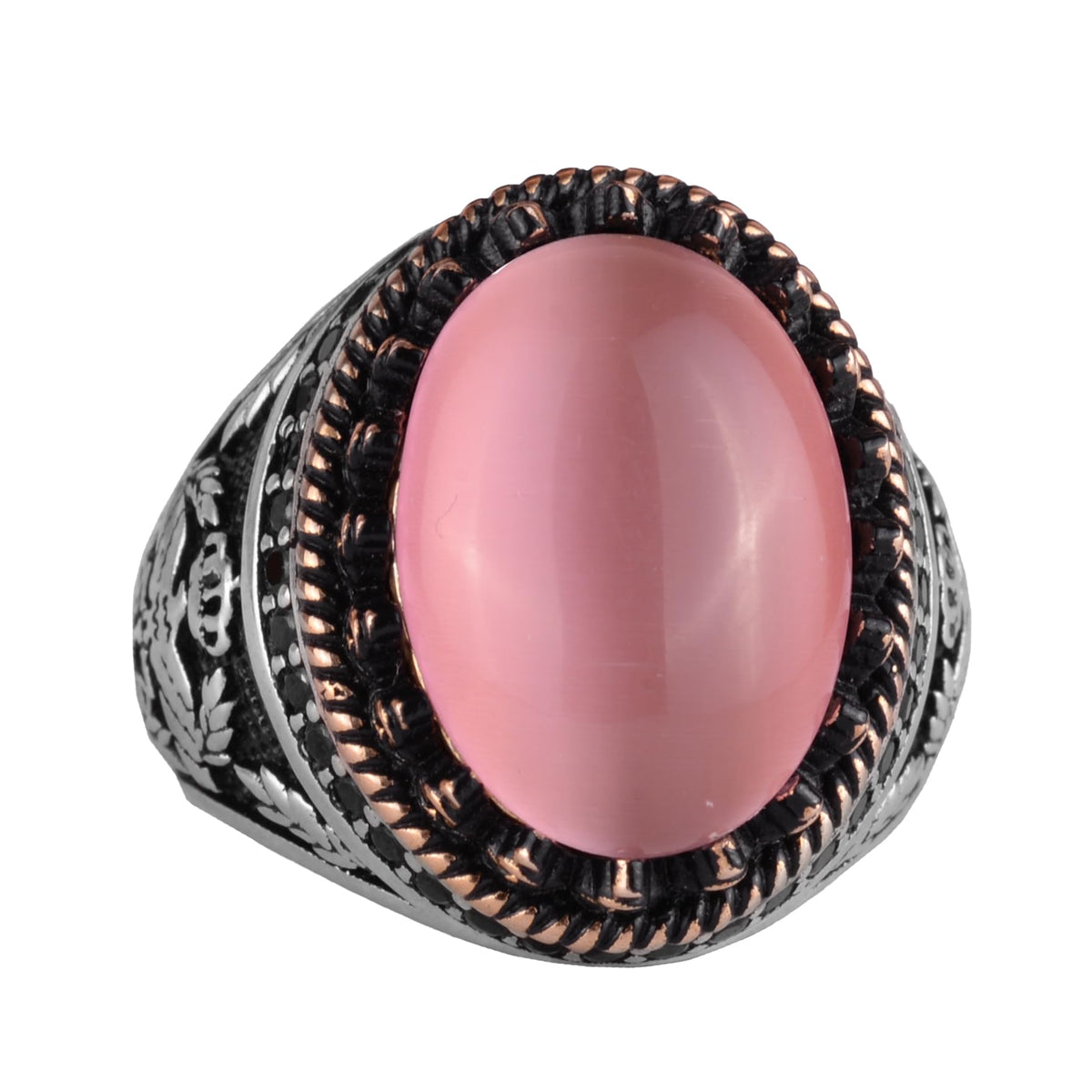 KAMBO 925 Sterling Silver Men's Ring, Created Stone Ring, Eagle Symbol Ring, Handmade Ring (Created Pink Cat's Eye)