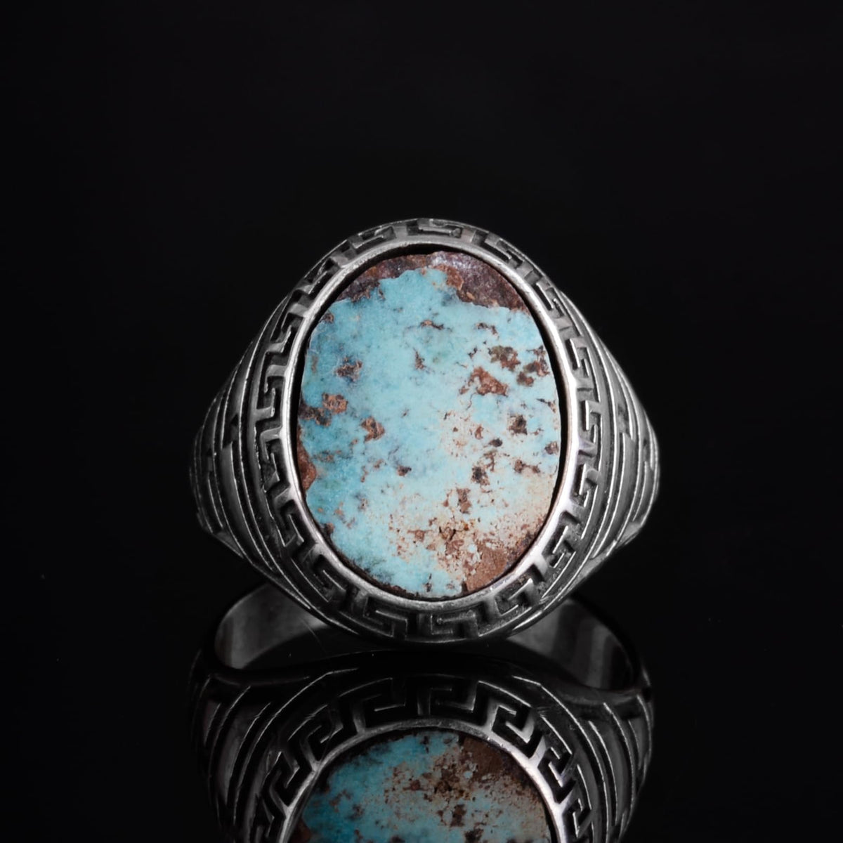 KAMBO Men's Natural Turquoise Stone Ring – 925 Sterling Silver Ring with Maze Side Designs – Handmade Minimalist Descriptive Jewelry (Style-6) — 4
