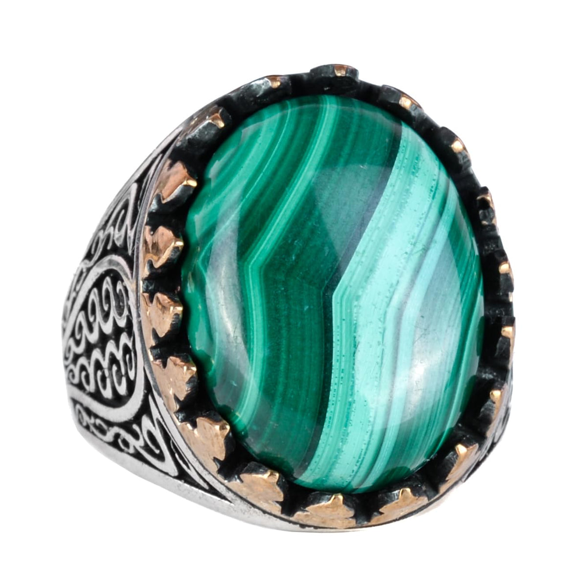 925 Sterling Silver Men's Ring - Natural Malachite Stone