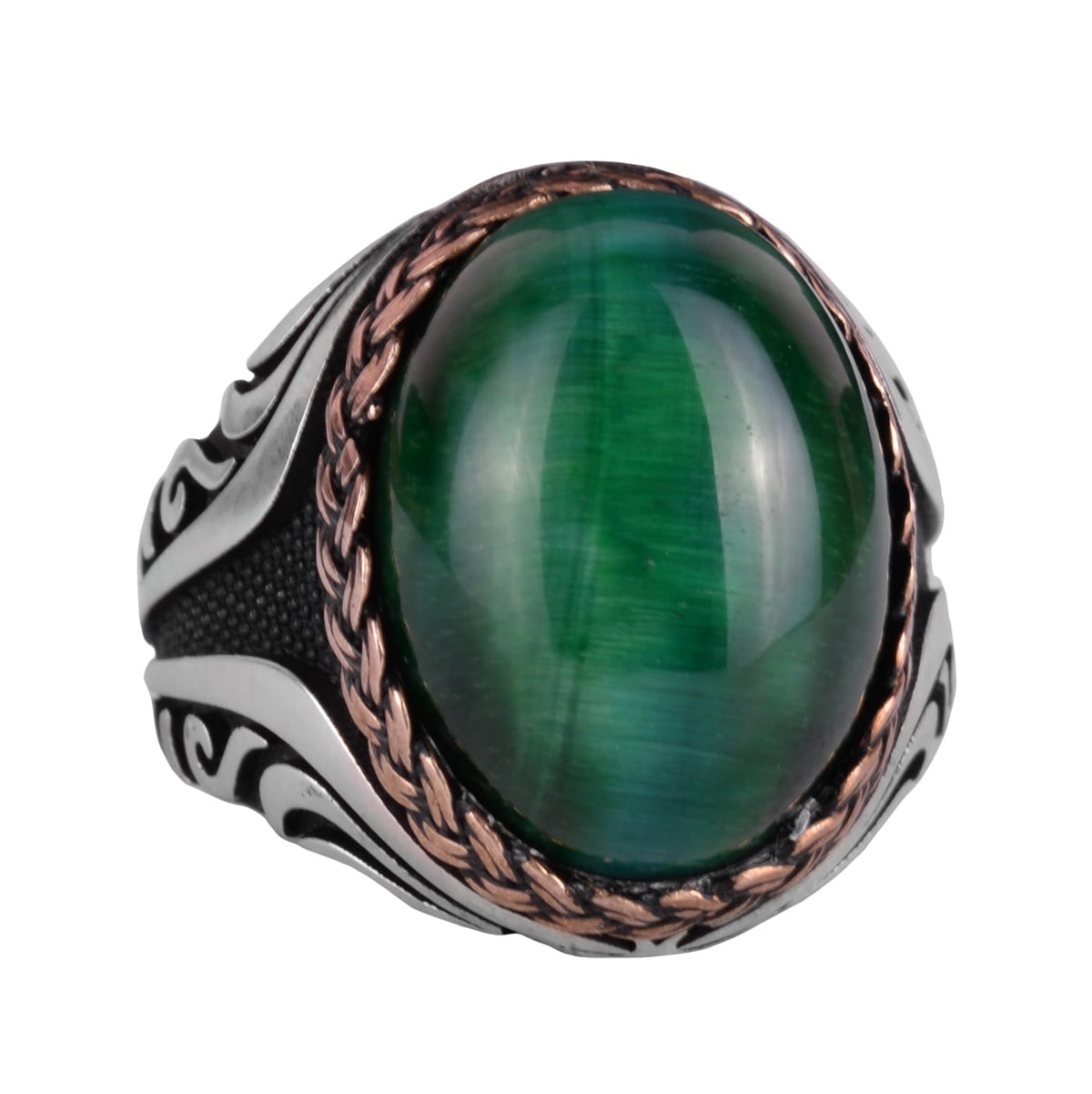 925 Sterling Silver Ring - Synthetic Stone Silver Ring - Handmade Ring (Dark Green Cat's Eye)