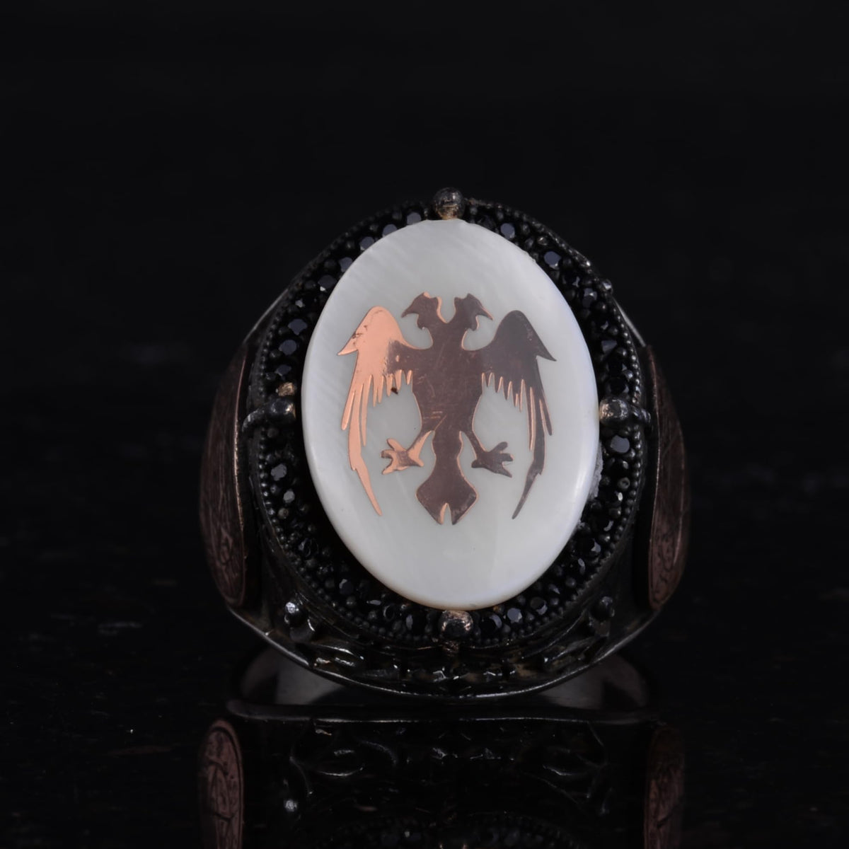 Natural Pearl Stone Ring - 925 Sterling Silver Handmade Men's Ring - Two Headed Eagle Design — 4