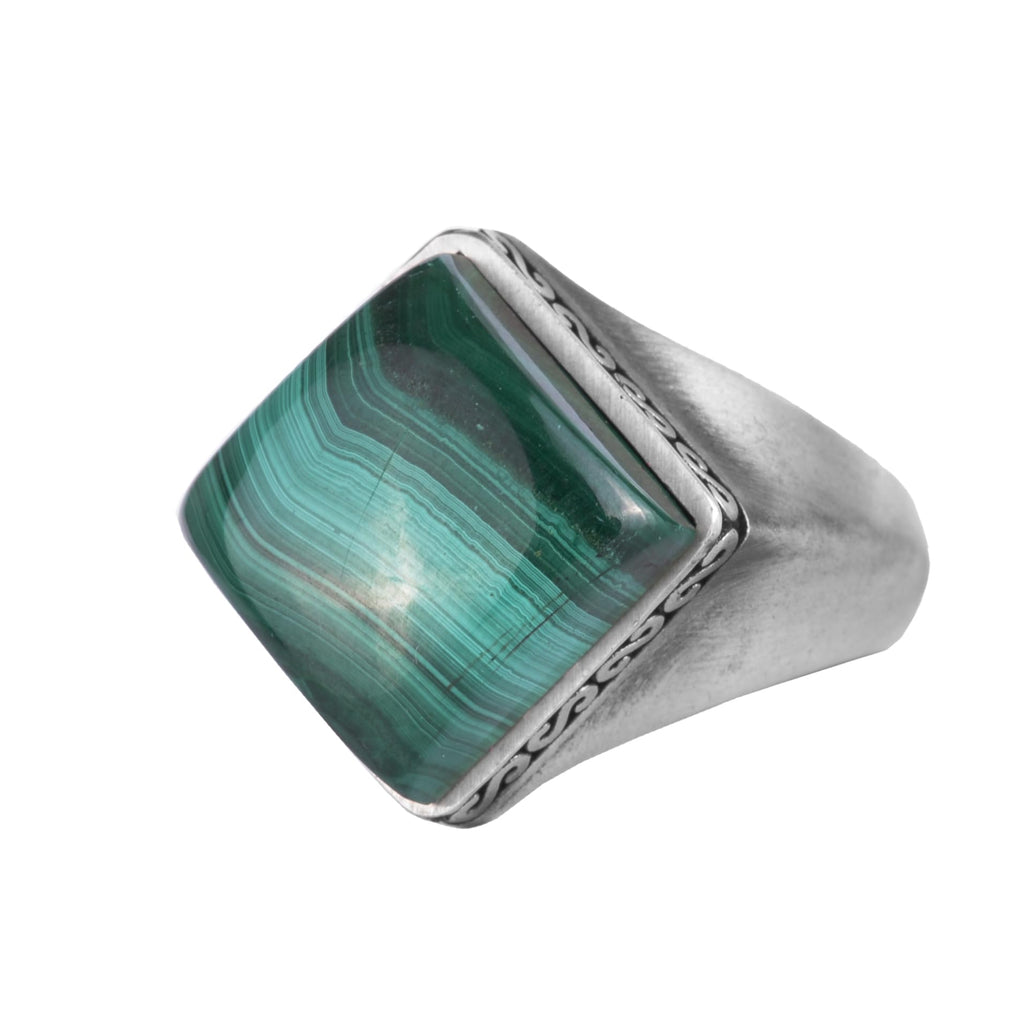 KAMBO Natural Stone Men's Ring 925 Sterling Silver – Square Cut Stone Handmade Minimalist Statement Ring (Malachite)