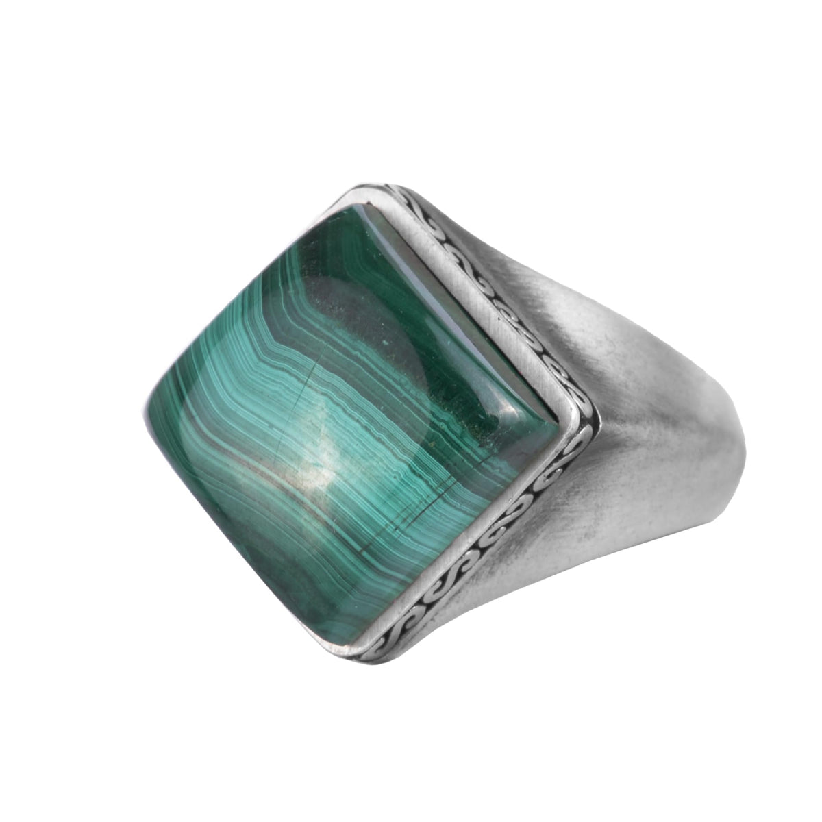 KAMBO Natural Stone Men's Ring 925 Sterling Silver – Square Cut Stone Handmade Minimalist Statement Ring (Malachite)