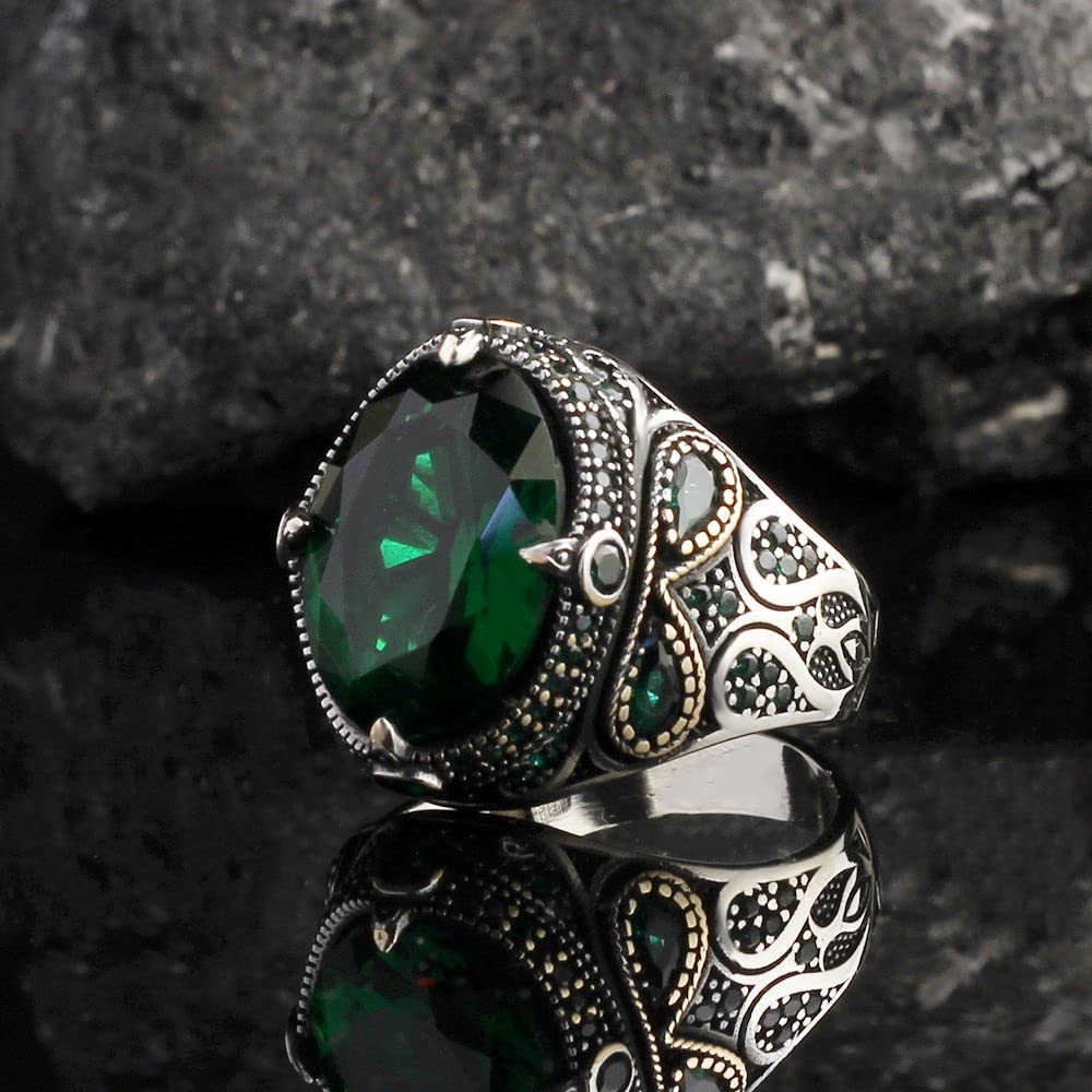 Handmade 925 Sterling Silver Men's Ring, Green Zircon Stone, Stylish Band Design, Elegant Men's Jewelry — 3